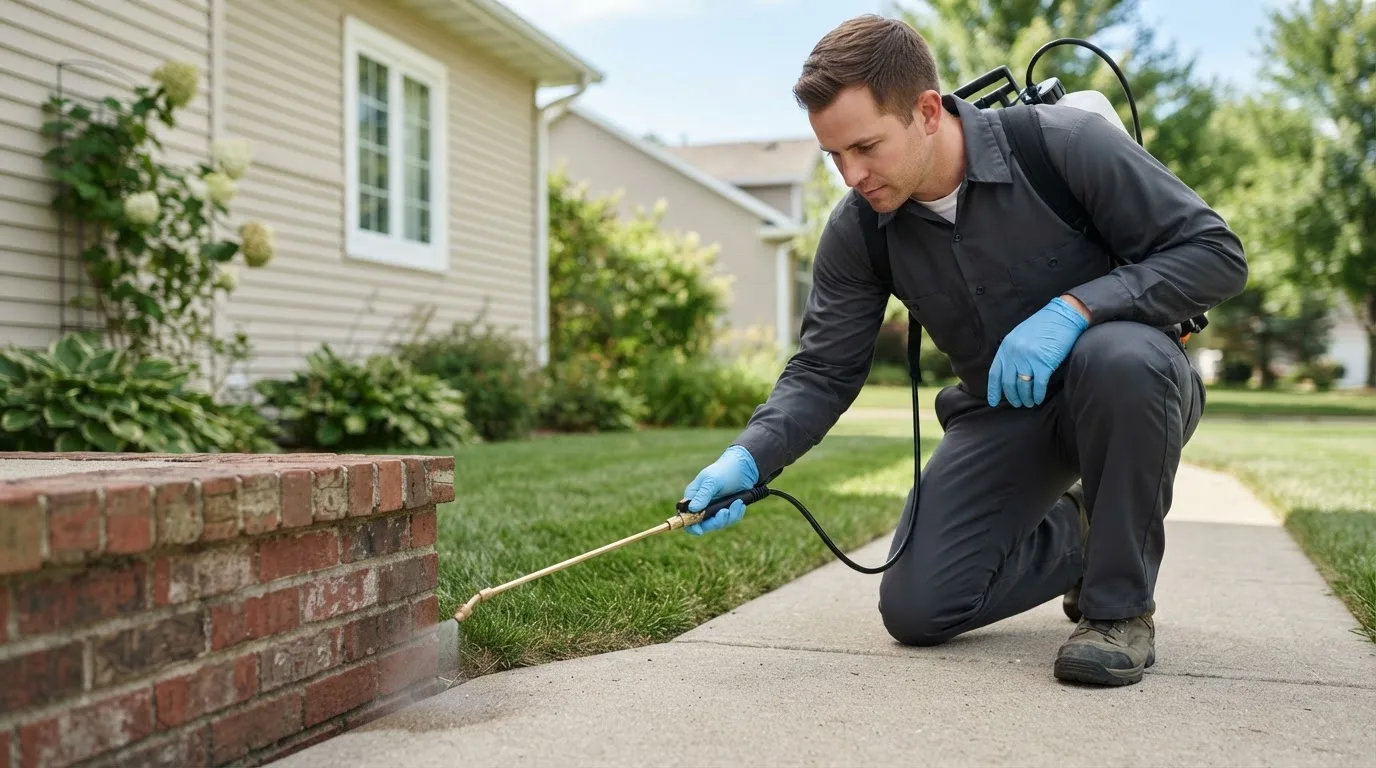 Pest control technician treating a home near Lyons, MI