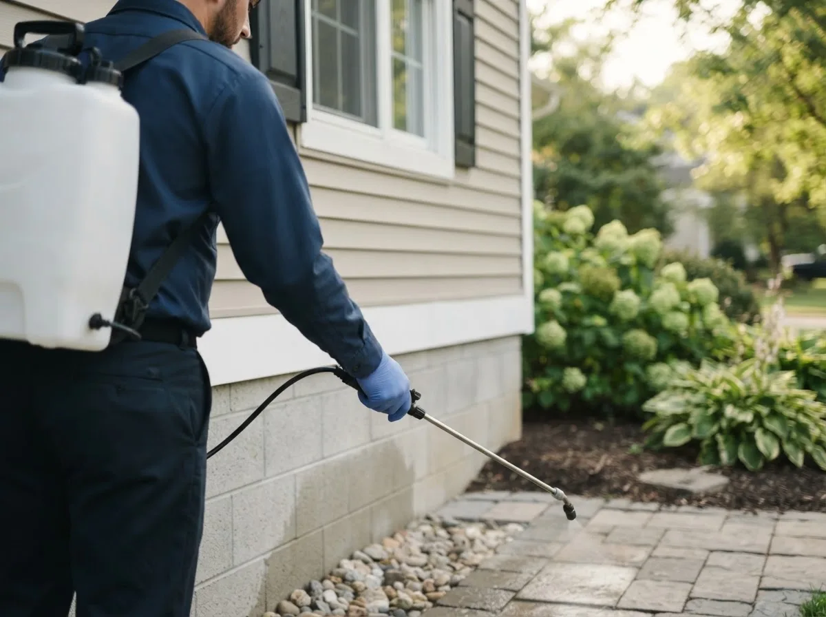 Pest control technician inspecting a home in Lyons, MI
